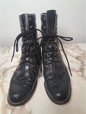 VTG Justin Lace Up Roper Boots Women 6.5 B Black Leather Kiltie Western